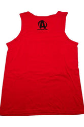 Red tank top featuring stylish design and logo on the back, ideal for workouts and gym activities.